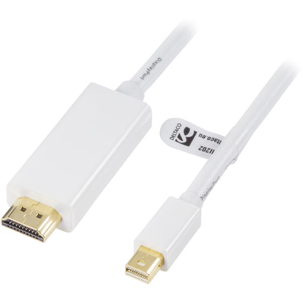 Deltaco Mini DisplayPort uros - HDMI uros, 3m, valkoinen Deltaco Mini DisplayPort uros - HDMI uros, 3m, valkoinen